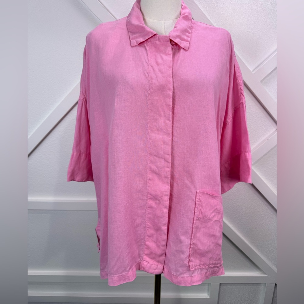 OSKA Pink Linen Button Front Shirt Top Boxy Short Sleeve Pocket Size 0 (US 4-6)